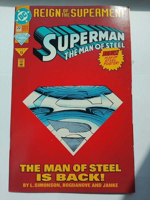 Komiks Superman The Man of Steel #22 June 1993 1st Full Steel + Poster Die Cut Cover